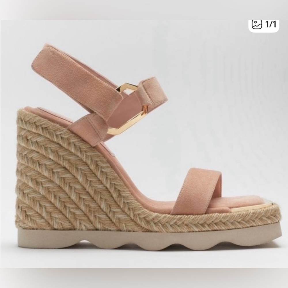 Good American Pale Pink Suede Gold Hardware Espadrille Wedge Sandals NEW Size 12